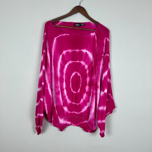 SOL Top Women OS Pink Tie-Dye Boho Hippie Long Wide Sleeve Smocked One Size Fits - Picture 2 of 11
